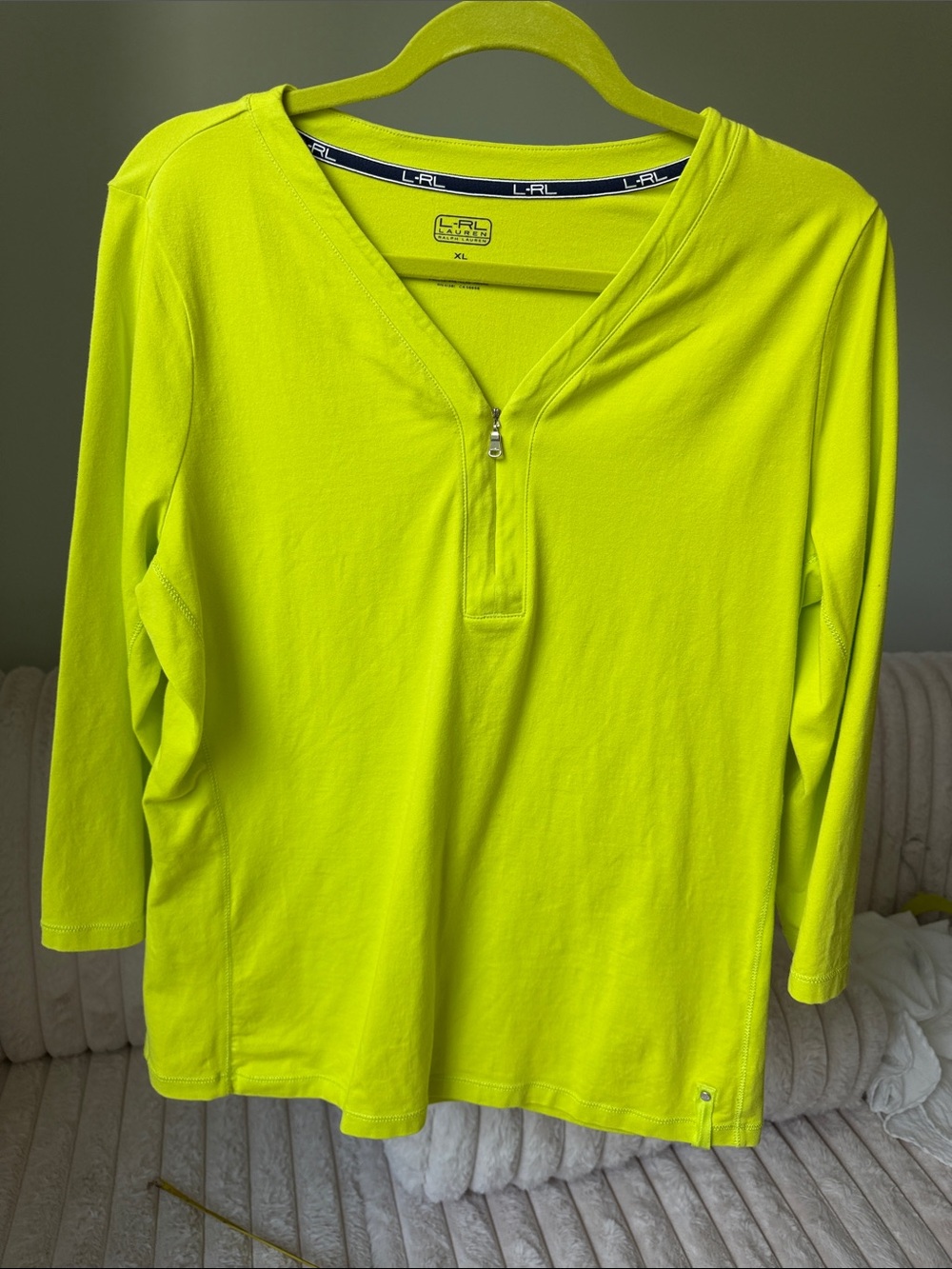 L-RL Ralph Lauren Sporty Athleisure Lime Green 3/4 Sleeve Tee with Zipper Detail